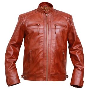 Chaqueta de motorista clásica vintage de cuero genuino marrón con estampado de rombos.