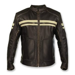Chaqueta de motorista clásica vintage de cuero genuino marrón con estampado de calaveras.
