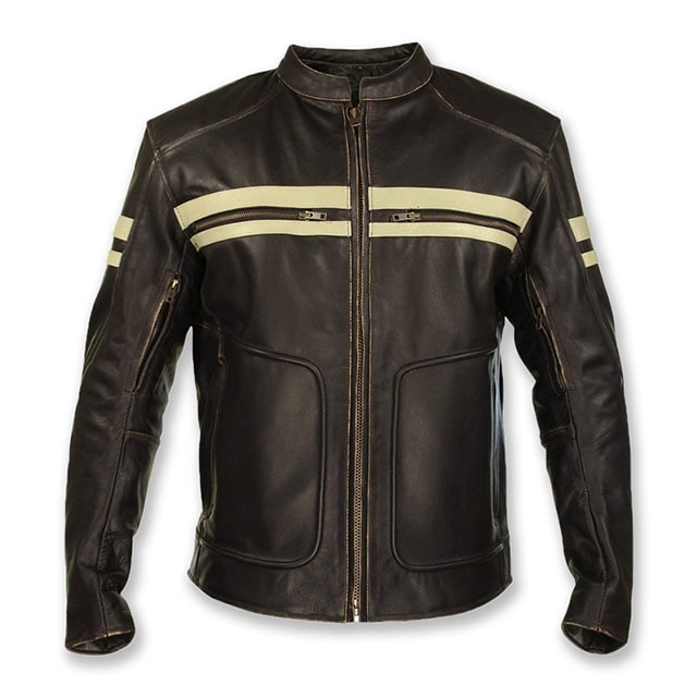 Chaqueta de motorista clásica vintage de cuero genuino marrón con estampado de calaveras. - Imagen 2