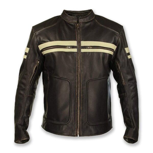 Chaqueta de motorista clásica vintage de cuero genuino marrón con estampado de calaveras. - Imagen 7
