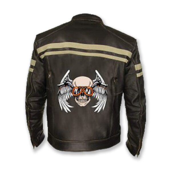 Chaqueta de motorista clásica vintage de cuero genuino marrón con estampado de calaveras. - Imagen 4