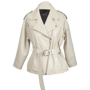 Chaqueta de moto Cleo para mujer, de piel de oveja blanca.