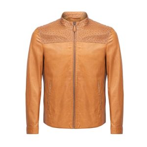 Chaqueta de motorista de cuero auténtico color coñac para mujer