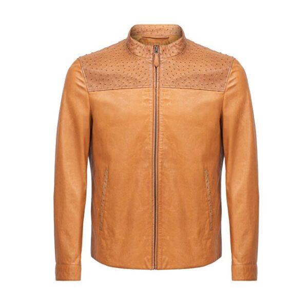 Chaqueta de motorista de cuero auténtico color coñac para mujer - Imagen 4