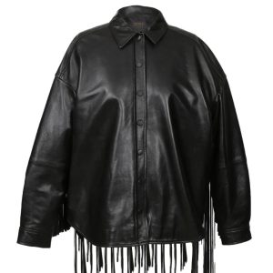 Chaqueta vaquera de piel de oveja para mujer con flecos