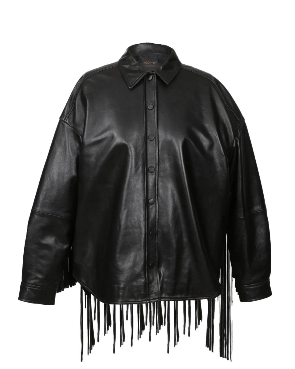 Chaqueta vaquera de piel de oveja para mujer con flecos