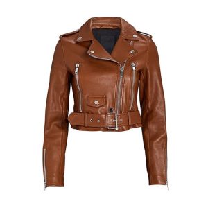 Chaqueta corta de cuero genuino para mujer estilo motero.