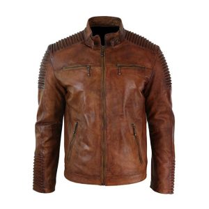 Chaqueta de motorista de cuero auténtico para hombre con cuello con cinturón.