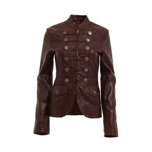 Chaqueta de diseño en cuero genuino marrón, estilo militar.