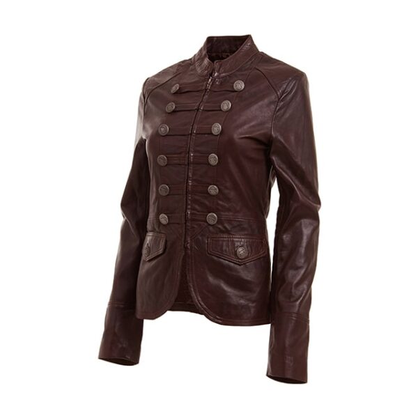 Chaqueta de diseño en cuero genuino marrón, estilo militar. - Imagen 3