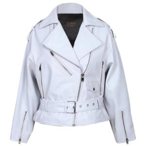 Chaqueta motera clásica de piel de oveja para mujer, blanca.