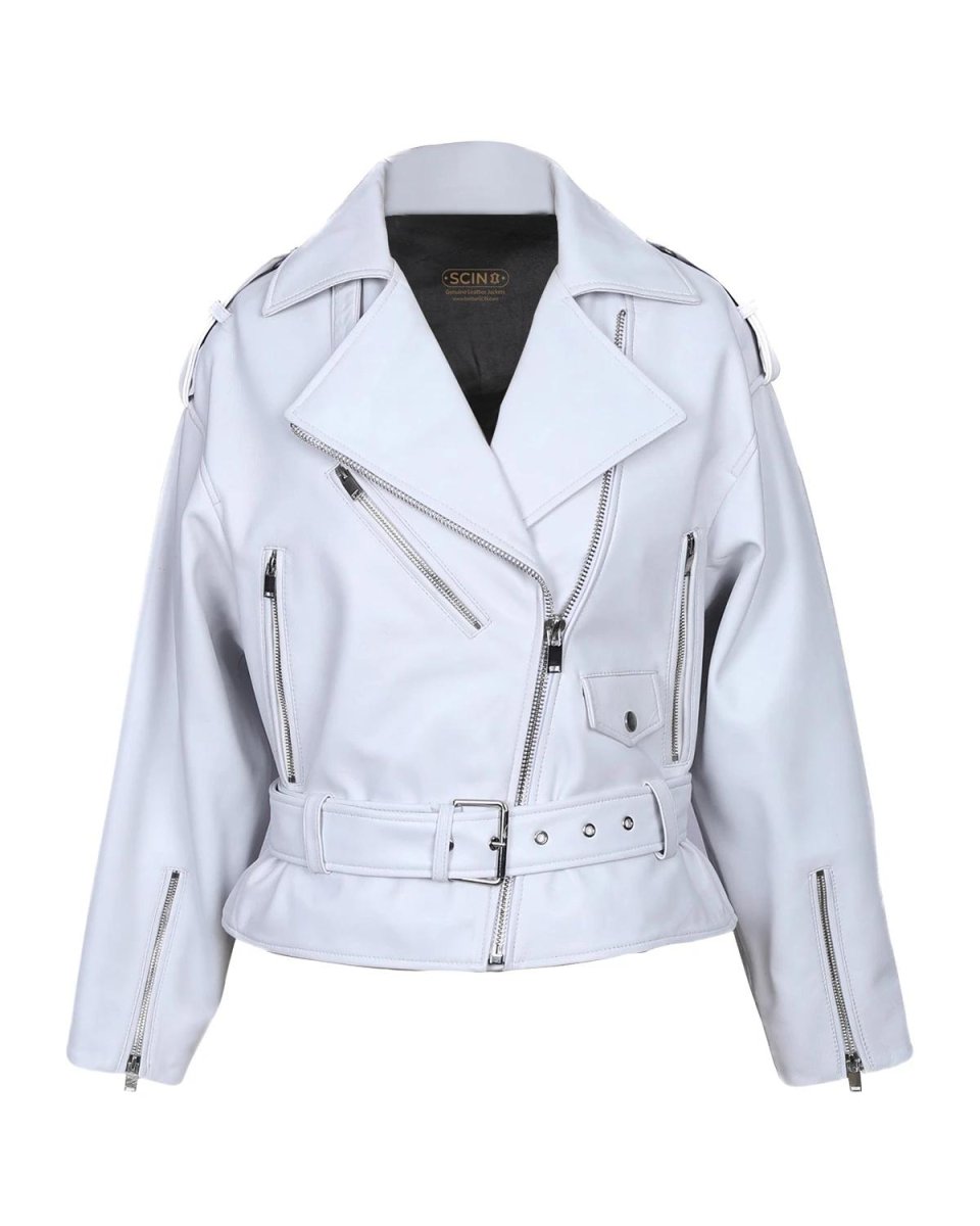 Chaqueta motera clásica de piel de oveja para mujer, blanca. - Imagen 2
