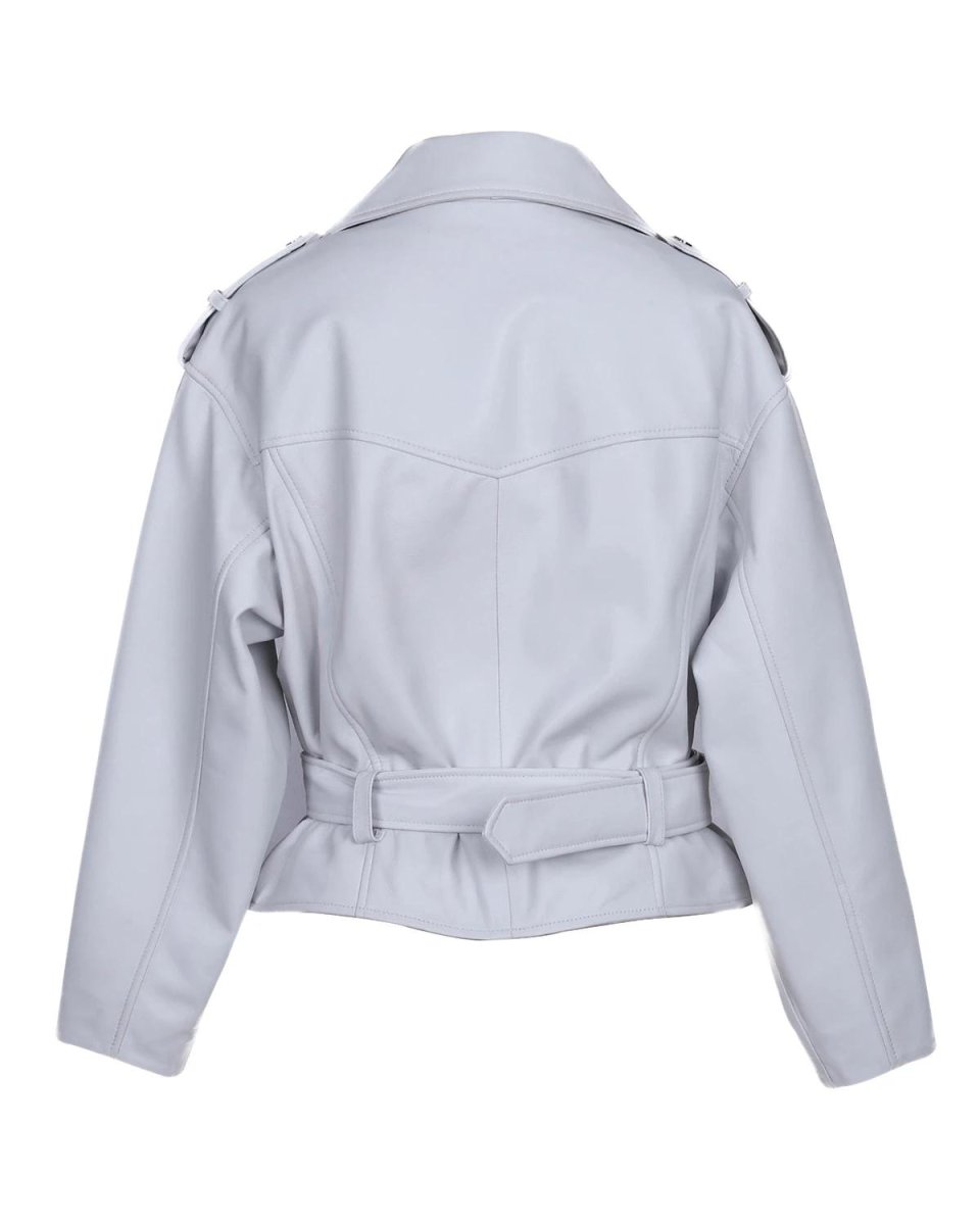 Chaqueta motera clásica de piel de oveja para mujer, blanca. - Imagen 4