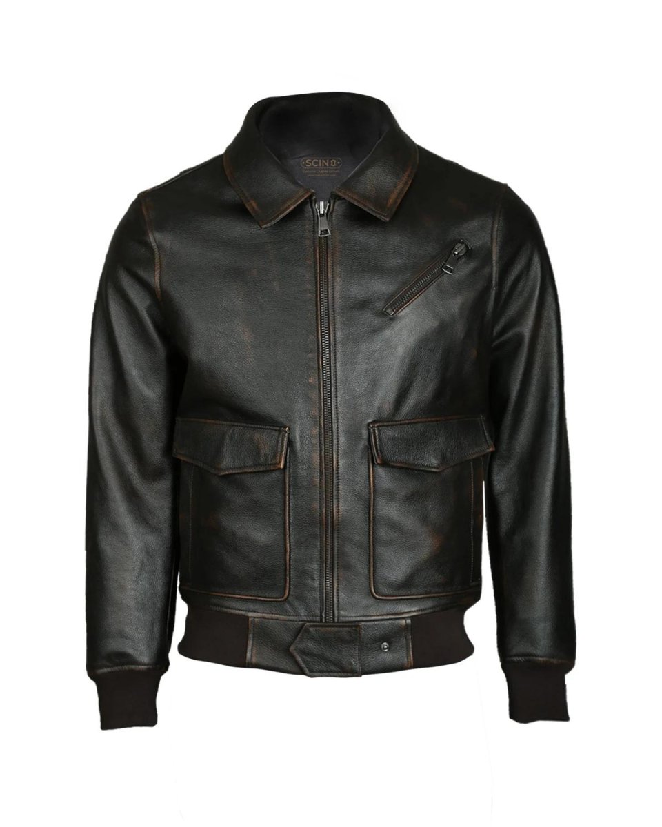 Chaqueta de aviador de piel de oveja negra para hombre