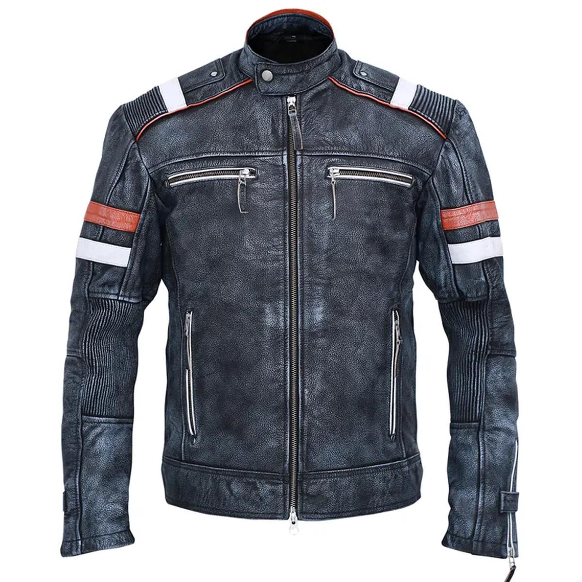 Chaqueta de moto vintage de piel de oveja gris para hombre - Imagen 3