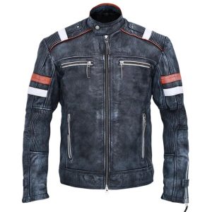 Chaqueta de moto vintage de piel de oveja gris para hombre