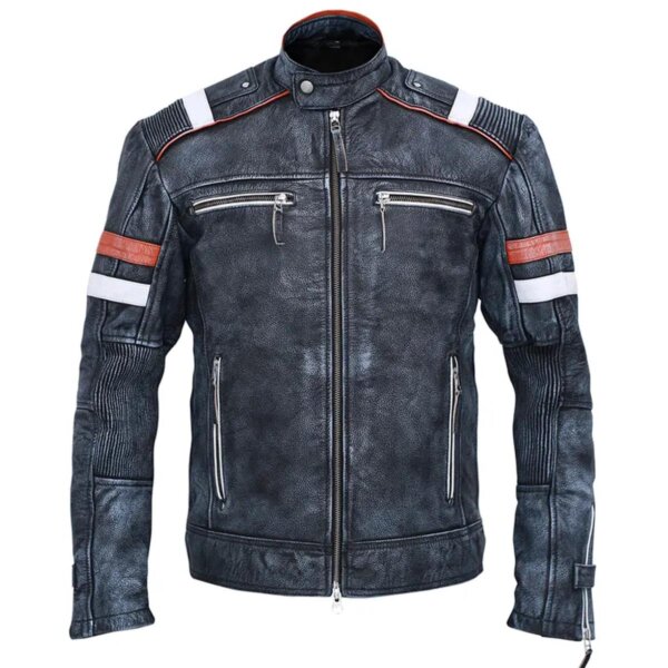 Chaqueta de moto vintage de piel de oveja gris para hombre - Imagen 2
