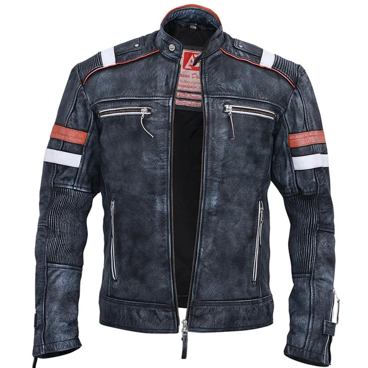 Chaqueta de moto vintage de piel de oveja gris para hombre - Imagen 4