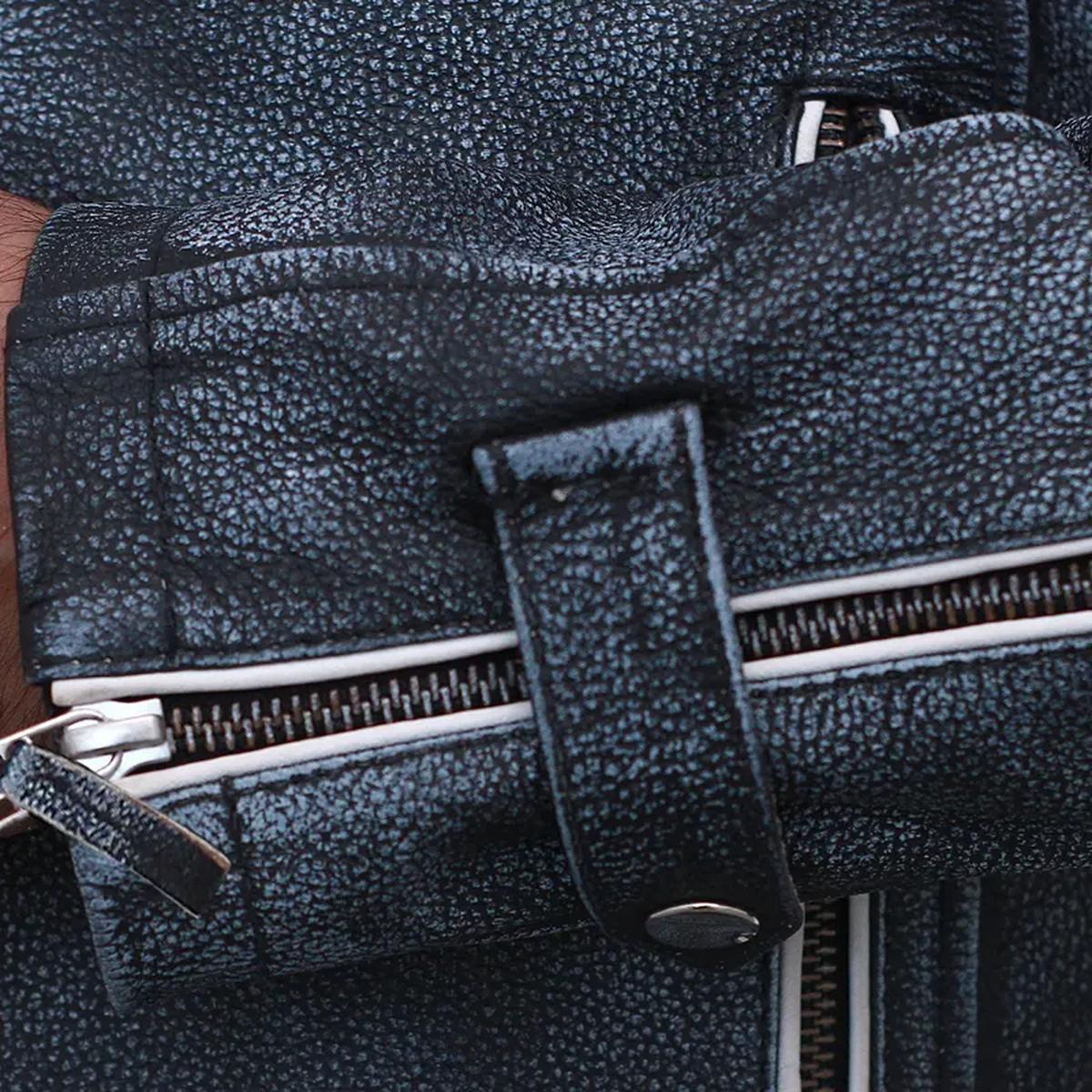 Chaqueta de moto vintage de piel de oveja gris para hombre - Imagen 6