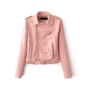 Chaqueta de motorista clásica de piel auténtica rosa pálido para mujer.
