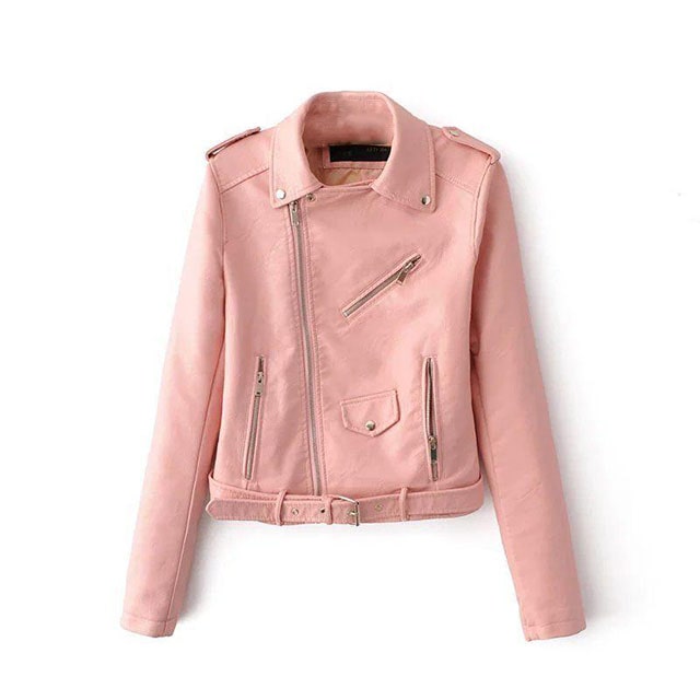 Chaqueta de motorista clásica de piel auténtica rosa pálido para mujer.