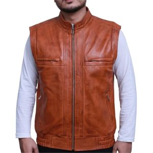 Chaleco de cuero genuino marrón para hombre, estilo rockero/motero.