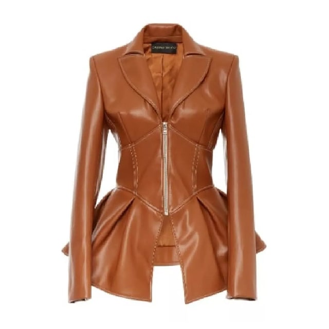 Chaqueta corsé acampanada de moda para mujer en piel auténtica con peplum. - Imagen 2