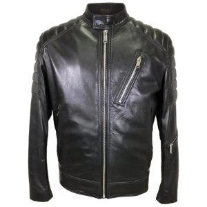 Chaqueta de moto negra de piel de oveja para hombre con cuello mandarín.