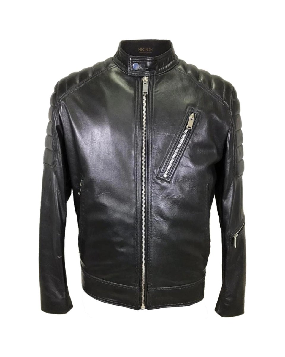 Chaqueta de moto negra de piel de oveja para hombre con cuello mandarín.