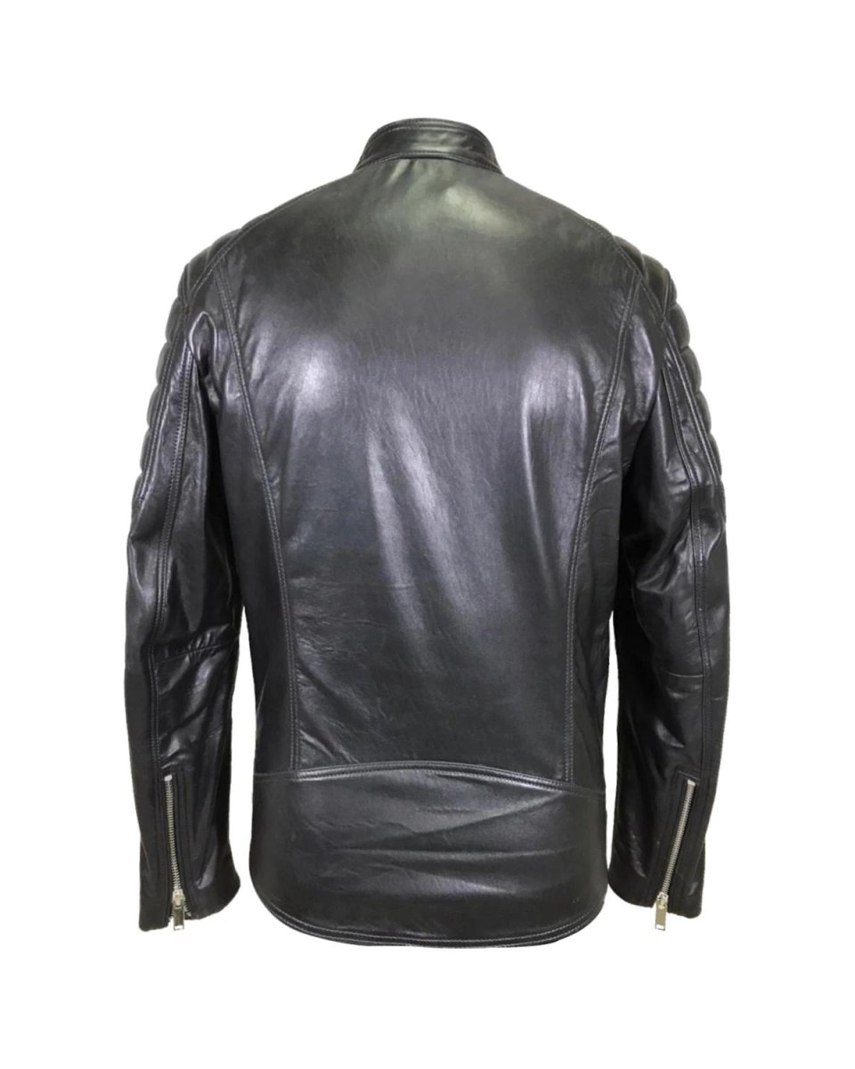 Chaqueta de moto negra de piel de oveja para hombre con cuello mandarín. - Imagen 3