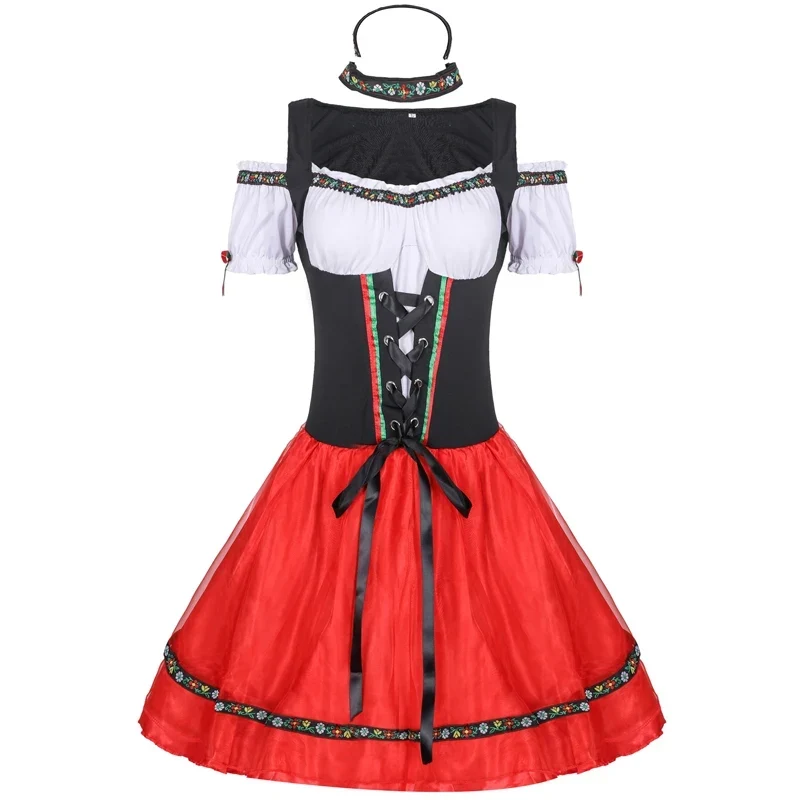 Robe Dirndl de Fête pour Femme – Corset Noir Lacé, Jupe Rouge et Blouse Blanche - Imagen 5