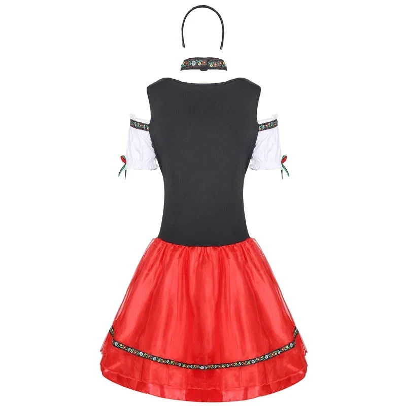 Robe Dirndl de Fête pour Femme – Corset Noir Lacé, Jupe Rouge et Blouse Blanche - Imagen 6