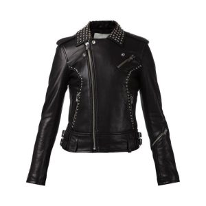 Chaqueta de motorista de cuero auténtico hecha a mano con tachuelas plateadas.