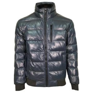 Chaqueta de aviador acolchada de piel de oveja para hombre, azul marino.