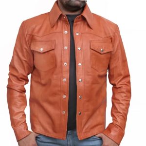 Chaqueta camisera retro de piel de oveja beige para hombre