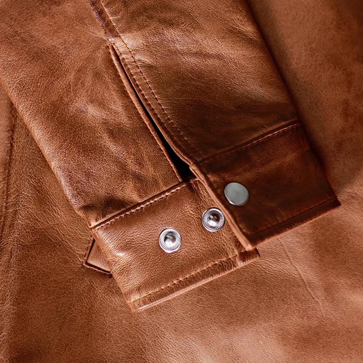 Chaqueta de motorista de cuero iónico marrón auténtico para hombre - Imagen 4