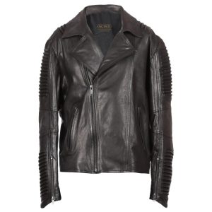 Chaqueta de motorista de piel de oveja para hombre con charreteras acolchadas, negra.