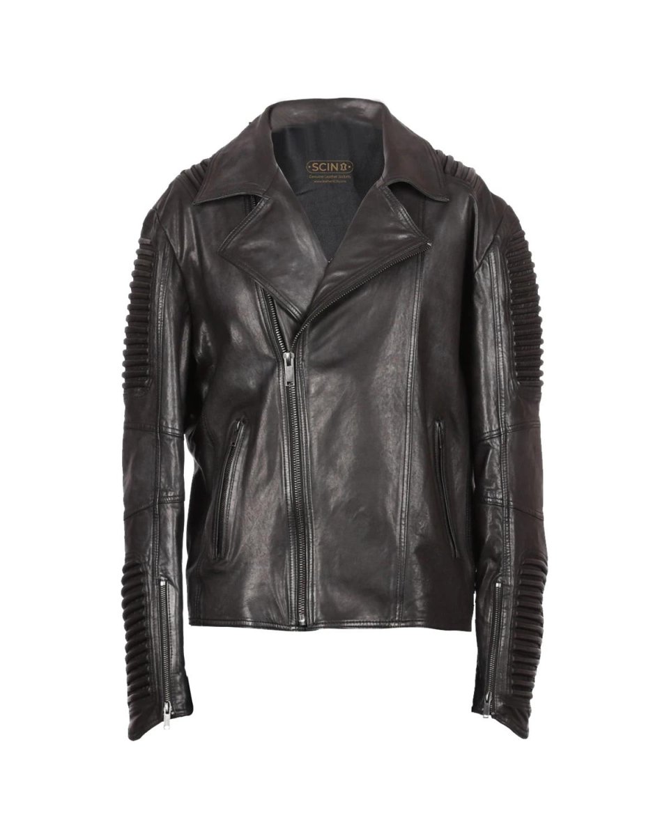 Chaqueta de motorista de piel de oveja para hombre con charreteras acolchadas, negra.