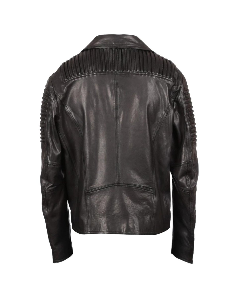 Chaqueta de motorista de piel de oveja para hombre con charreteras acolchadas, negra. - Imagen 3