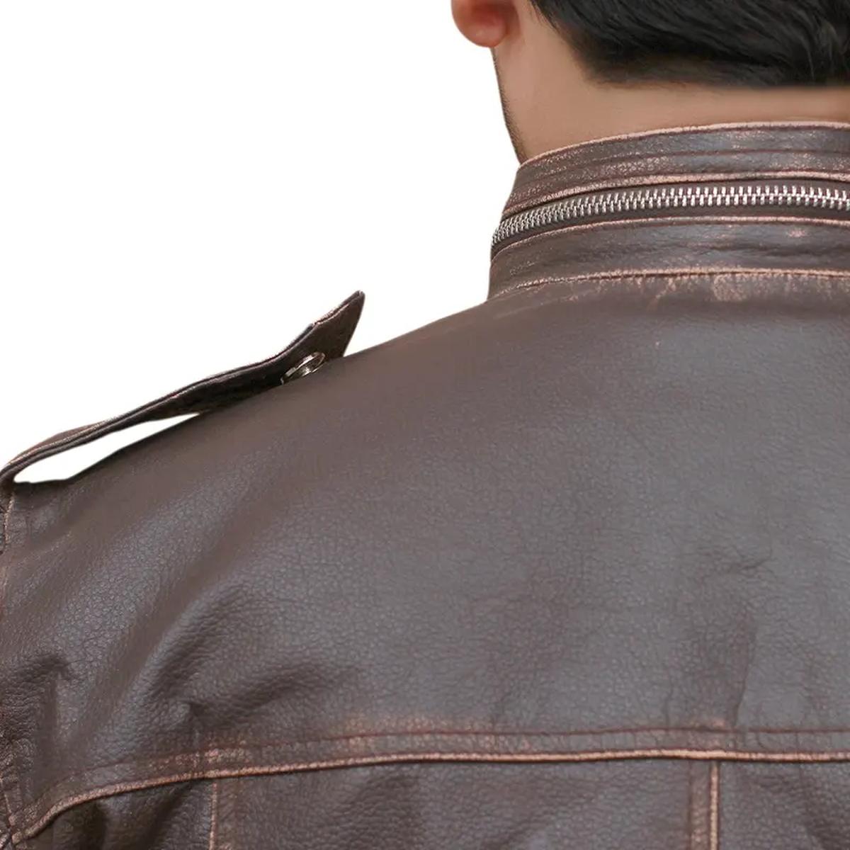 Chaqueta de moto para hombre de piel de oveja marrón – Acolchada - Imagen 6