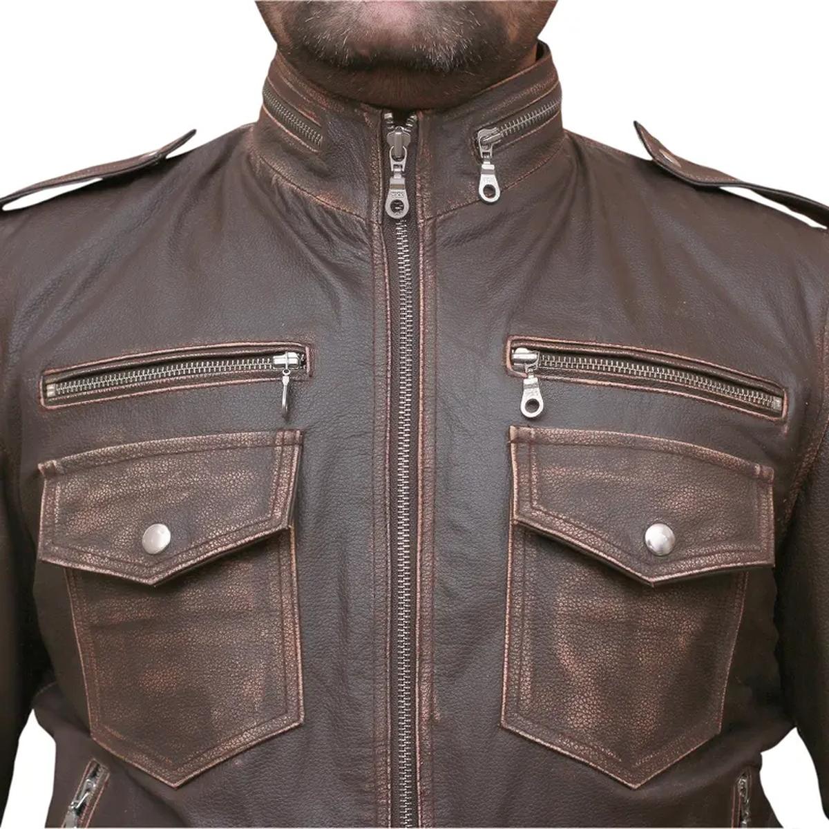 Chaqueta de moto para hombre de piel de oveja marrón – Acolchada - Imagen 7