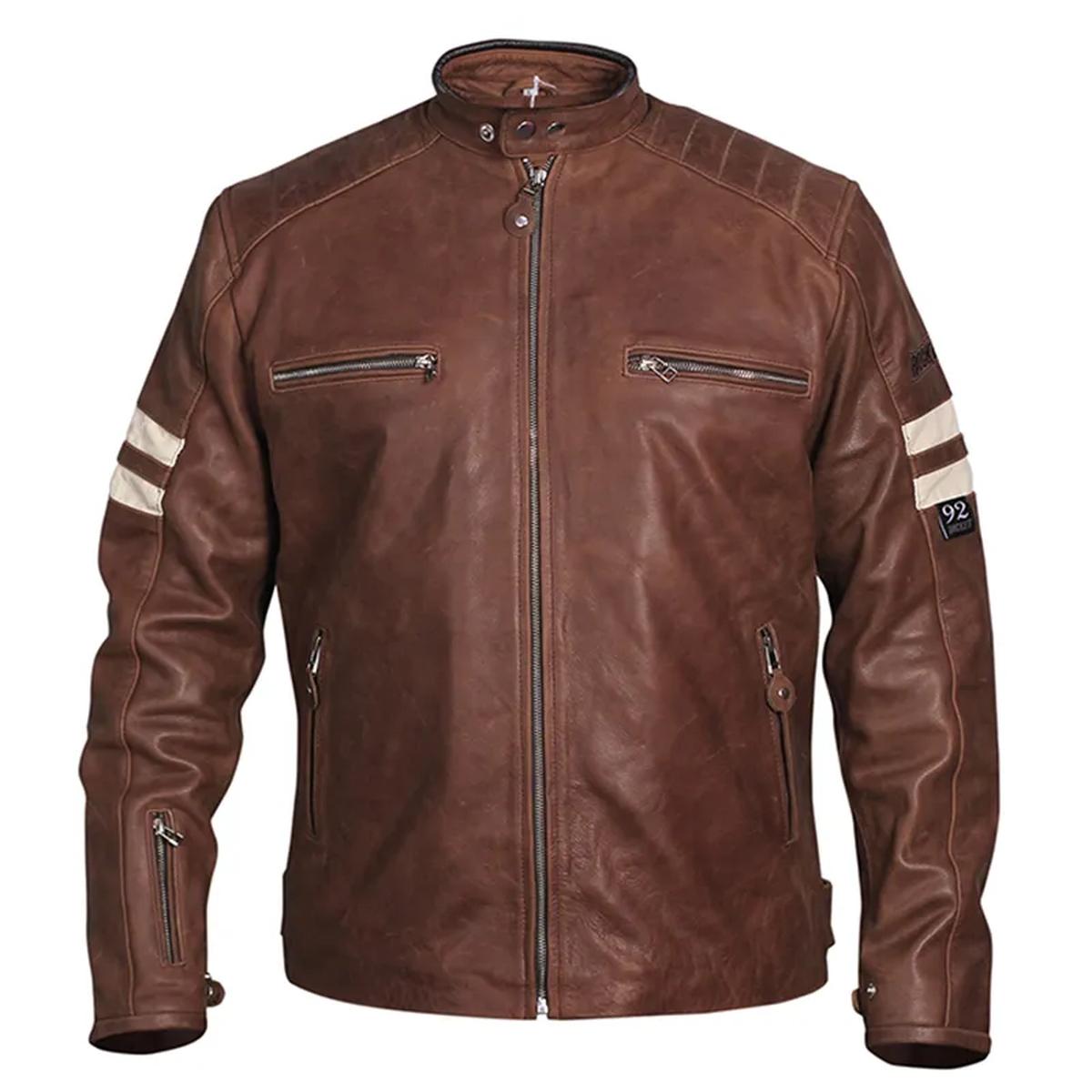 Chaqueta motera clásica de piel de oveja para hombre, color marrón. - Imagen 5