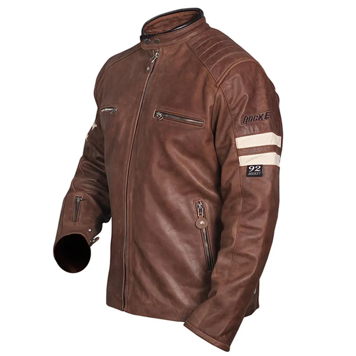 Chaqueta motera clásica de piel de oveja para hombre, color marrón. - Imagen 6