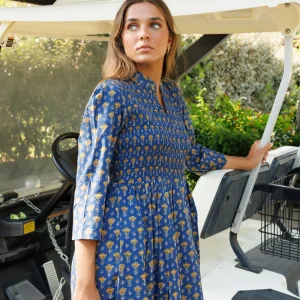 VESTIDO FRUNCE AZUL Y AMARILLO