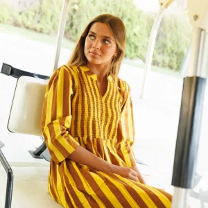 VESTIDO FRUNCE RAYAS MARRÓN Y AMARILLO