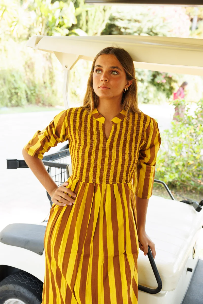 VESTIDO FRUNCE RAYAS MARRÓN Y AMARILLO - Imagen 4