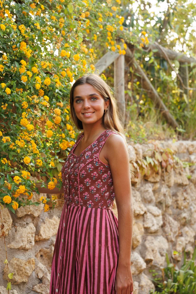VESTIDO VINTAGE ROSA Y MARRÓN - Imagen 5