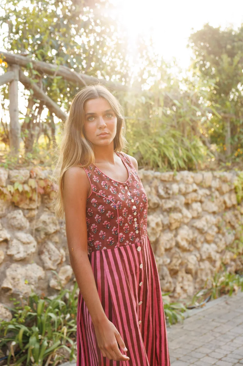 VESTIDO VINTAGE ROSA Y MARRÓN - Imagen 6