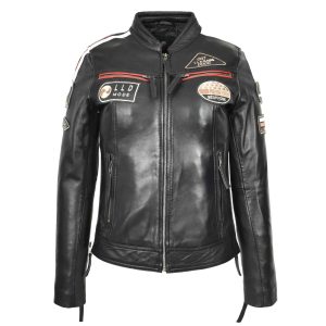 BUNERI Chaqueta Biker Cafe Racer de Cuero para Mujer con Insignias