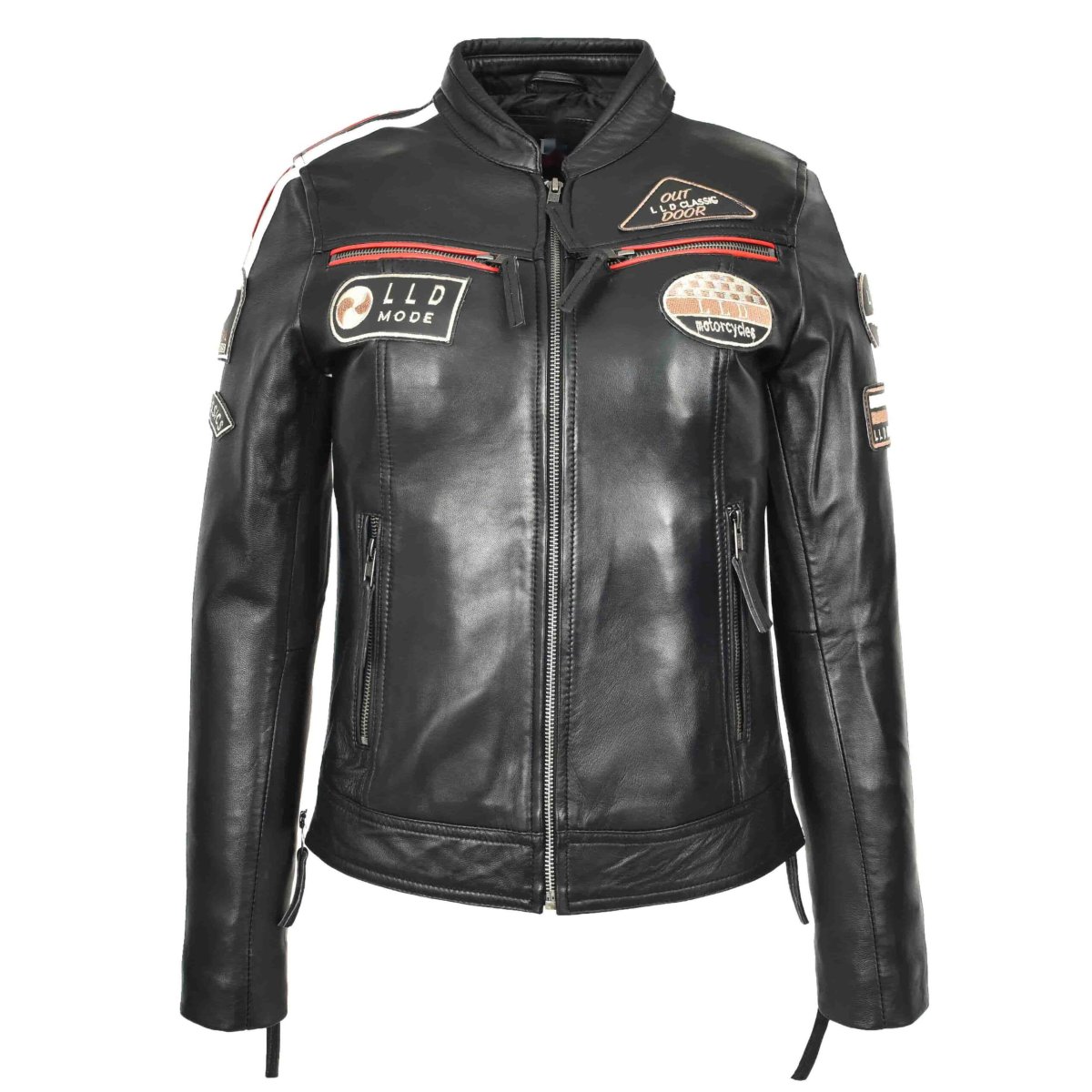BUNERI Chaqueta Biker Cafe Racer de Cuero para Mujer con Insignias